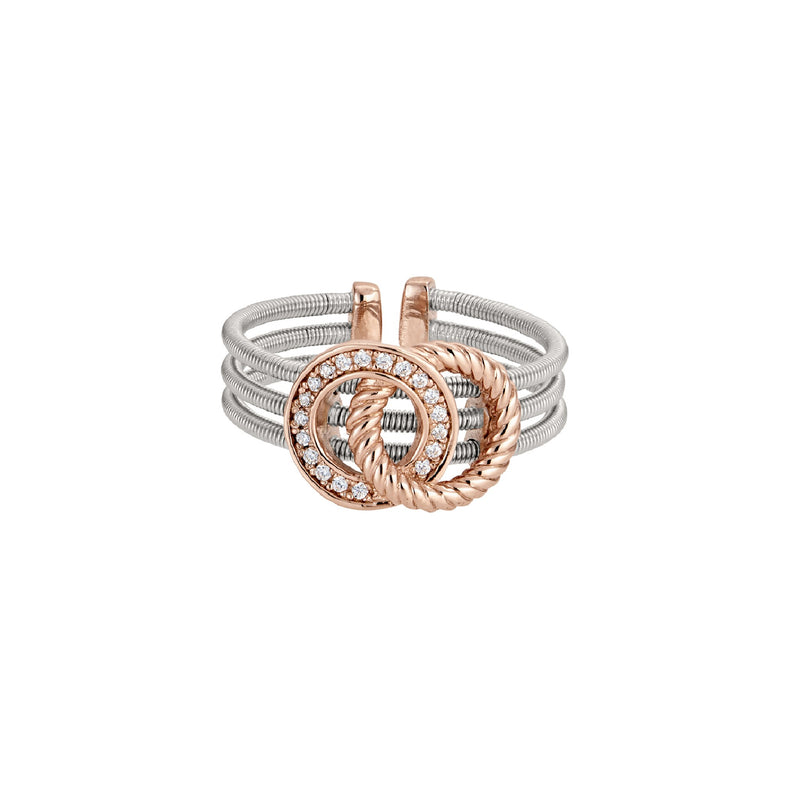 Rhodium Three Cable Cuff Ring with Two Rose Gold Rope & Simulated Diamond Circles