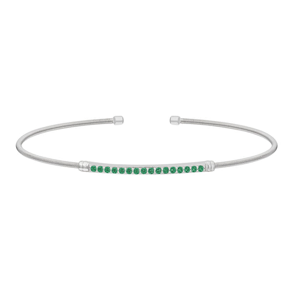 Rhodium Cable Cuff Bracelet with Simulated Emerald Birth Gems - May