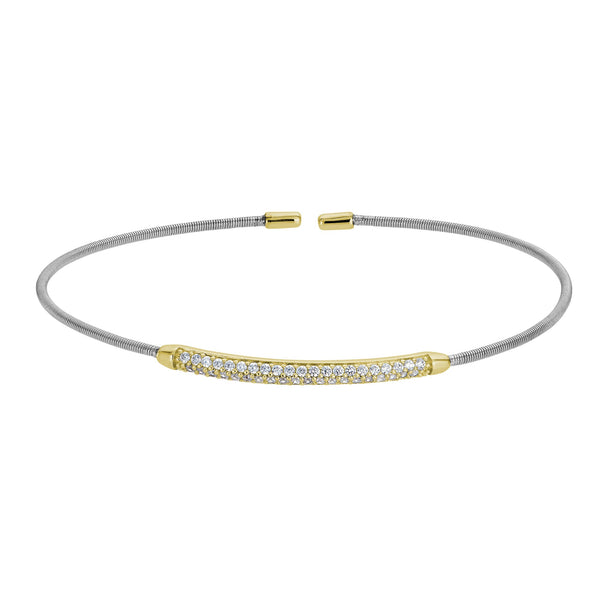 Rhodium Cable Cuff Bracelet with Gold Double Row Simulated Diamonds