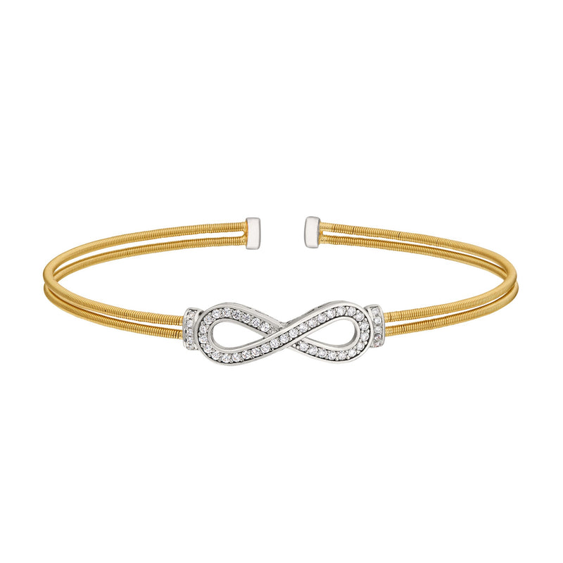 Gold Two Cable Cuff Bracelet with Rhodium Simulated Diamond Figure Eight Eternity