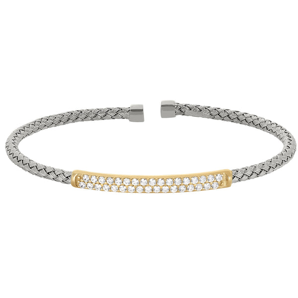 Rhodium Basketweave Cuff Bracelet with Gold Finish Simulated Diamonds