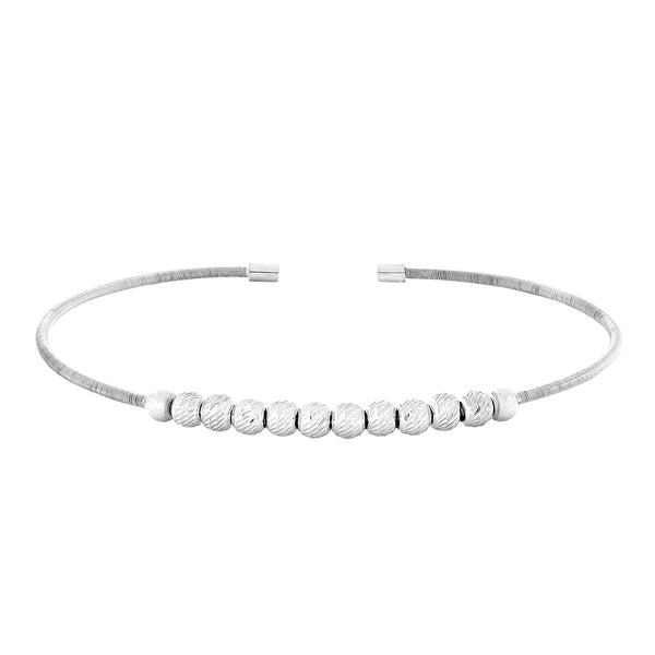 Rhodium Cable Cuff Bracelet with Ten Diamond Cut Spinning Beads