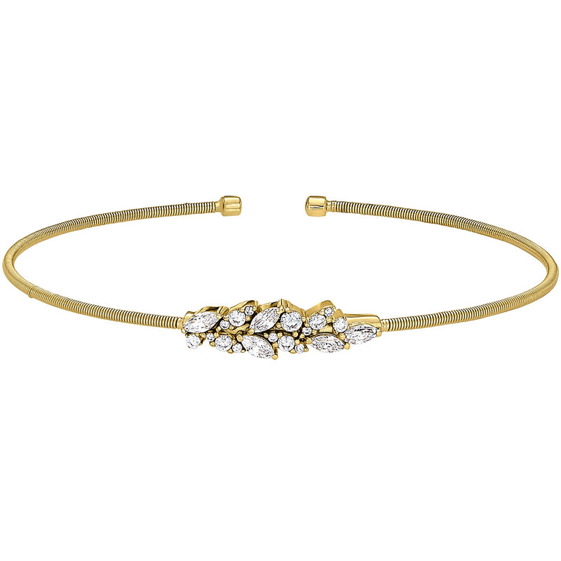 Gold Cable Cuff Bracelet with Simulated Diamond Leaf Pattern