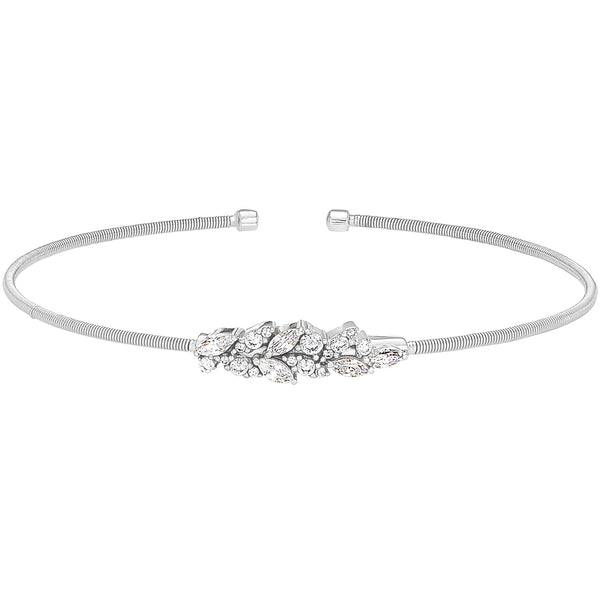 Rhodium Cable Cuff Bracelet with Simulated Diamond Leaf Pattern