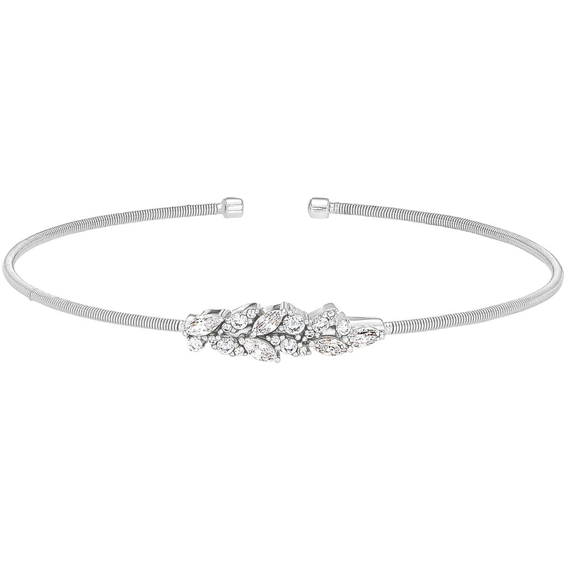 Rhodium Cable Cuff Bracelet with Simulated Diamond Leaf Pattern