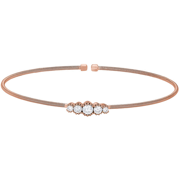 Rose Gold Cable Cuff Bracelet with Graduated Five Stone Simulated Diamonds