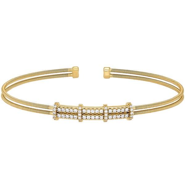 Gold Two Cable Cuff Bracelet with Two Row Simulated Diamond Pattern