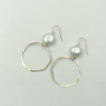 Gold Octangonal Hoop with Coin Pearl