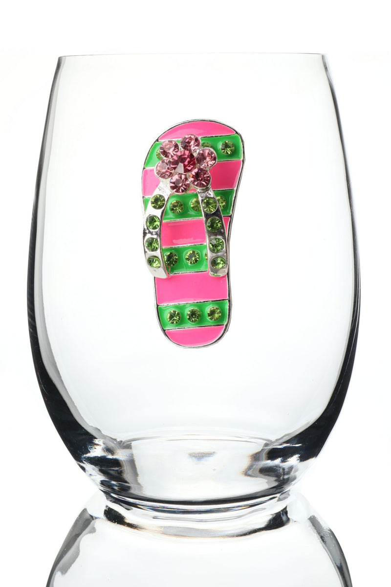 Pink and Green Striped Flip Flop Stemless Wine Glass