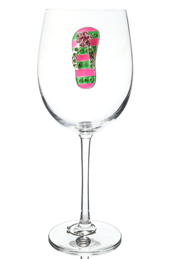 Pink and Green Striped Flip Flop Stemmed Wine Glass